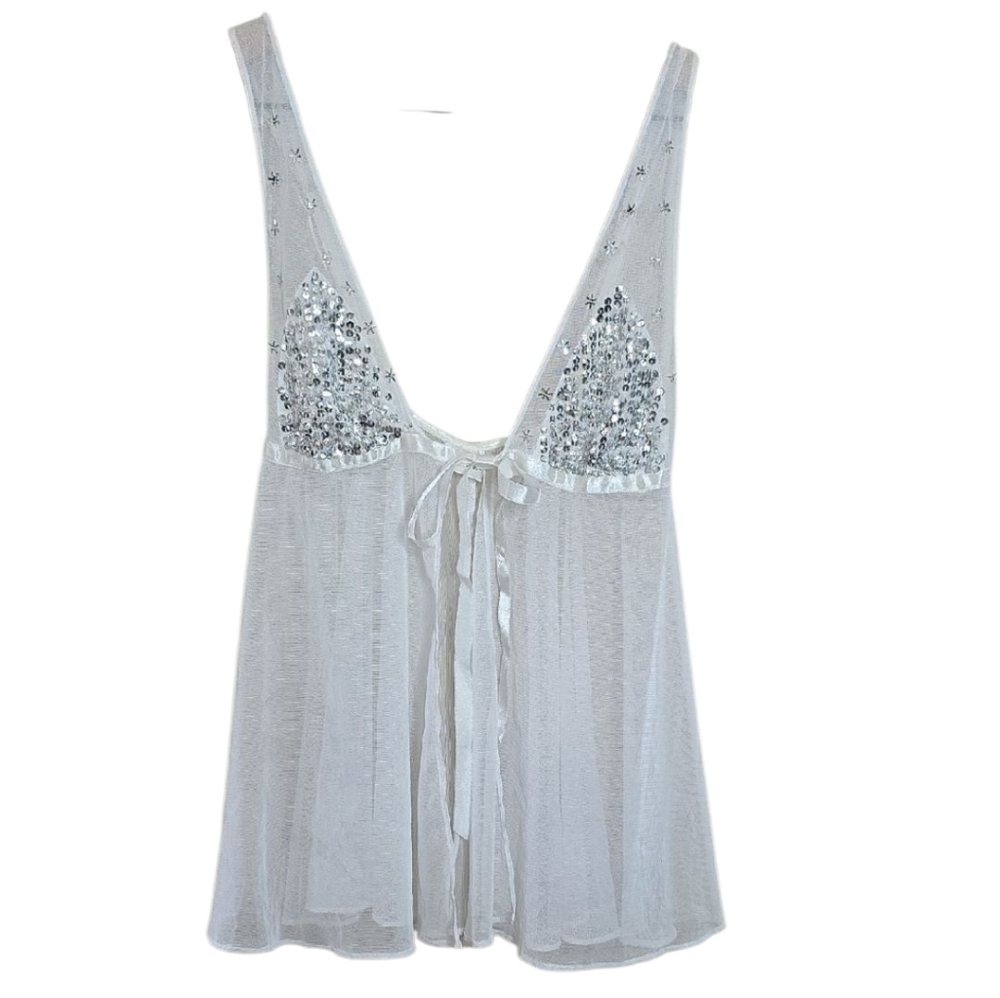 Fredericks of Hollywood White Sheer Babydoll Chemise Sequin Bust Tie Front Small